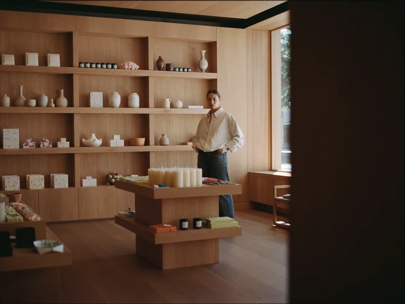 Minimalistisk gavebutik med lyse egehylder, keramik, lys og indpakkede pakker
